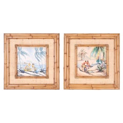 Pair of Hawaiian Watercolors in Bamboo Frames