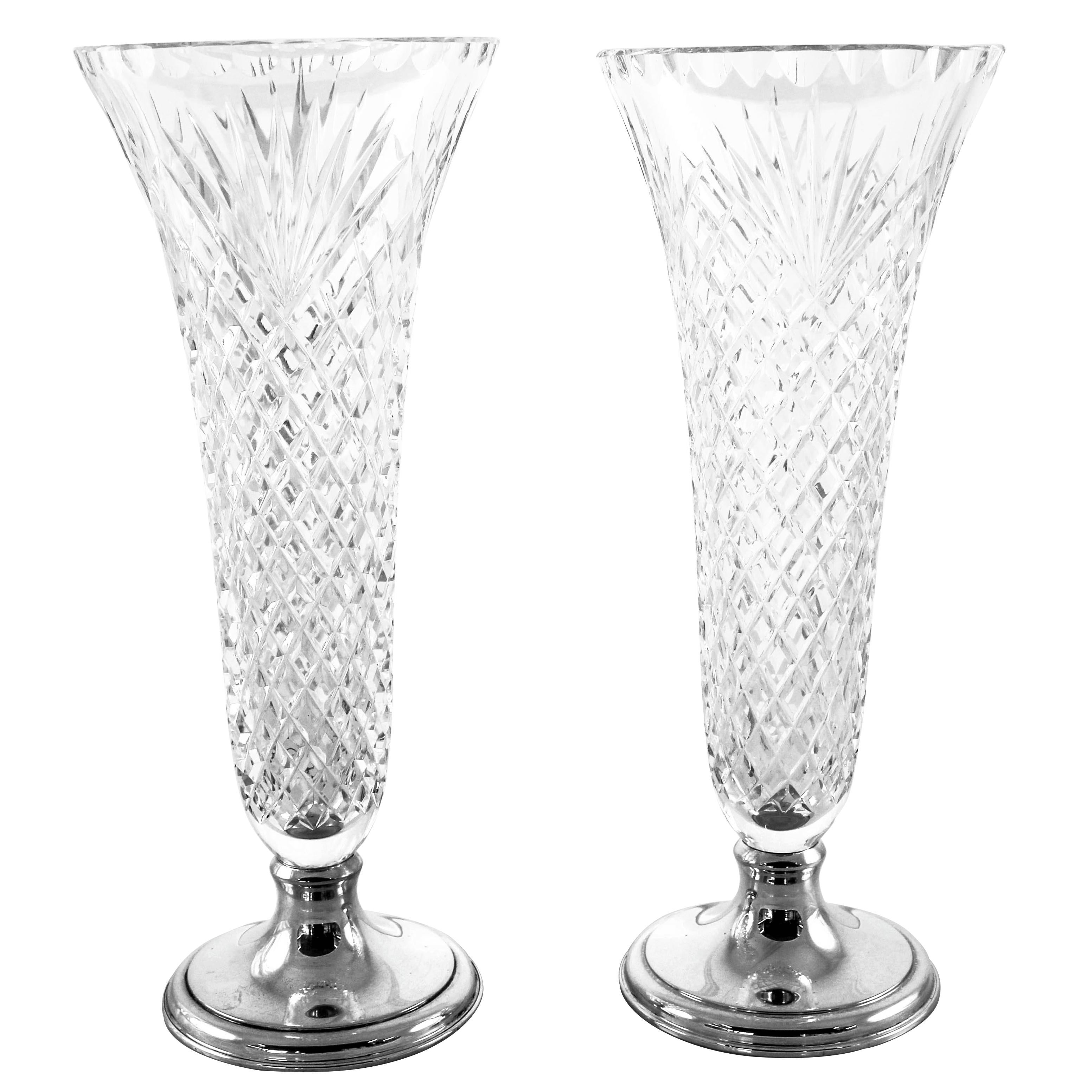 Pair of Hawkes Crystal and Sterling Vases For Sale