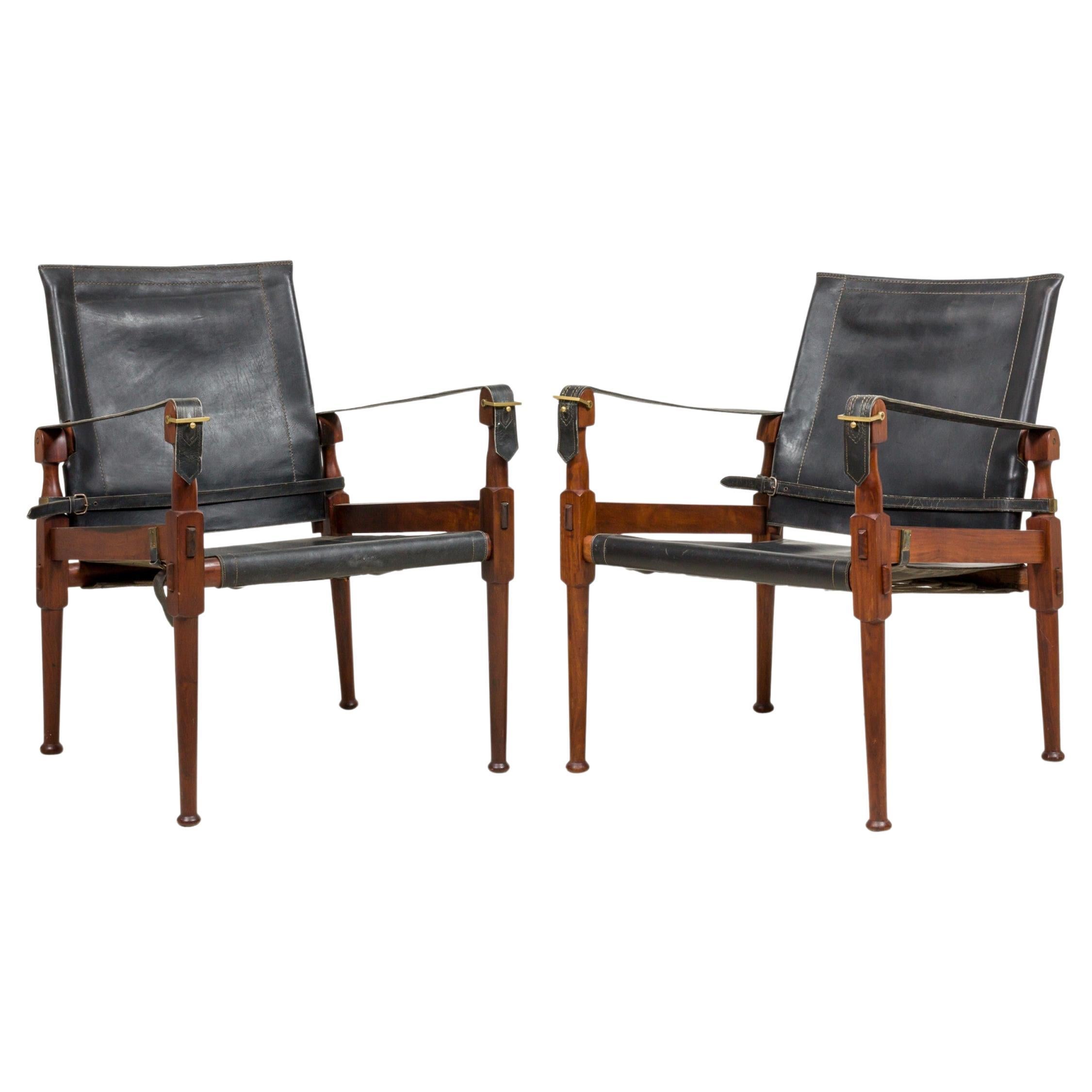Pair of Hayat Brothers Pakistani Mid-Century 'Roorkee' Black Leather Chairs For Sale