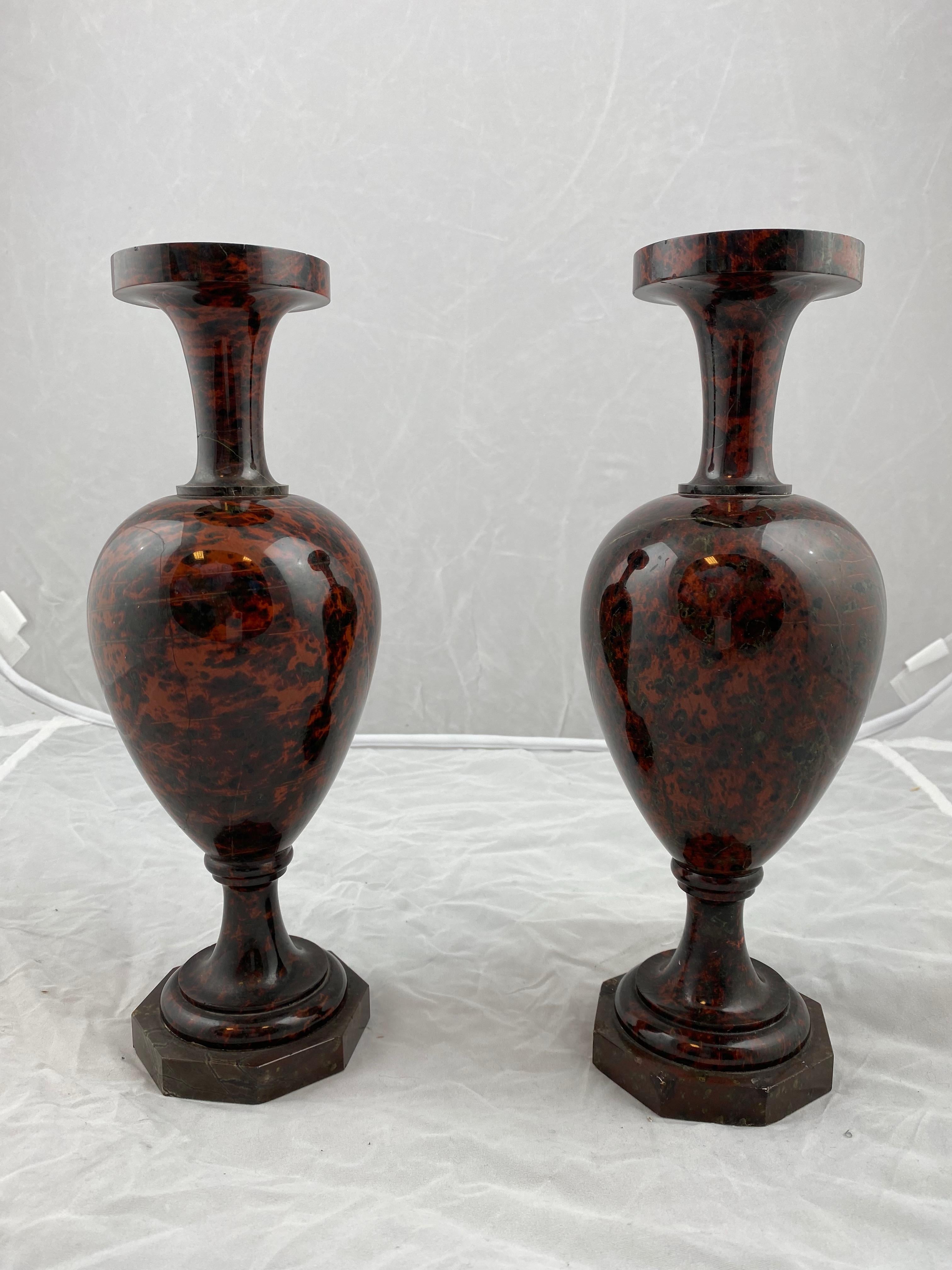 A beautiful pair of hardstone vases, probably Russian. Polished to a mirror like surface.