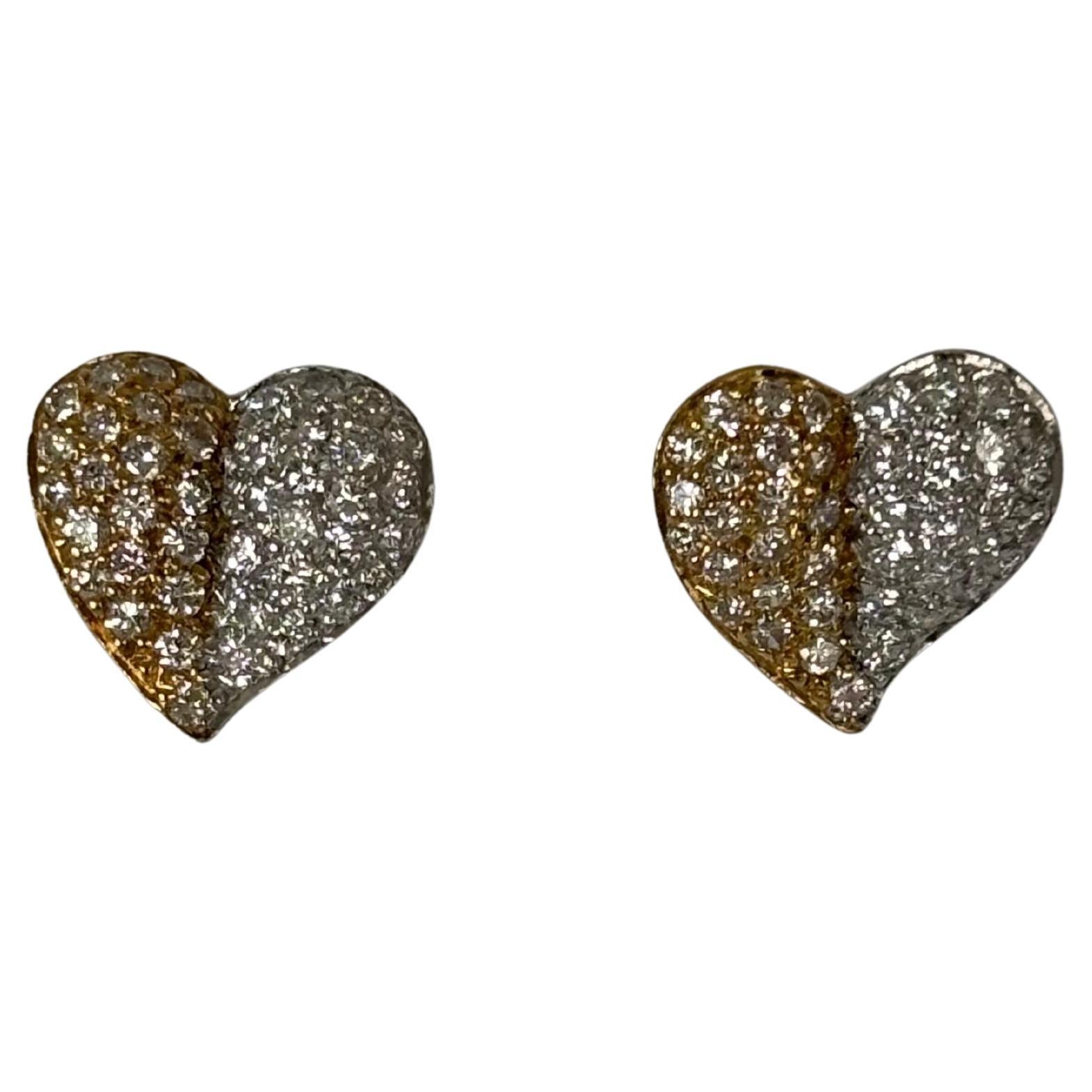 Heart-Shaped Diamond Stud Earrings in 18K White & Yellow Gold, 1.32ct