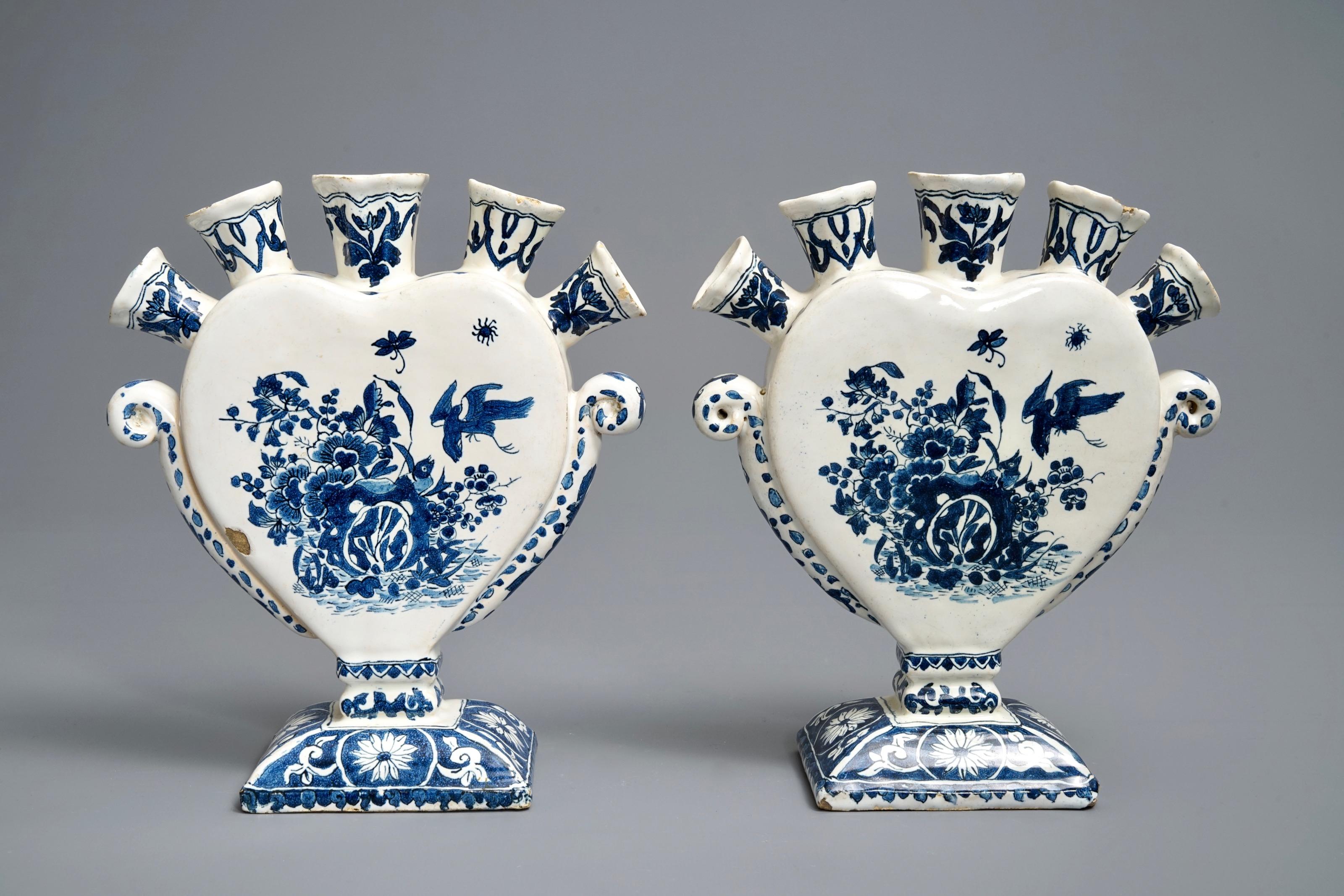 Baroque Pair of Heart-Shaped Tulip Vases or Tulipieres, 19th Century