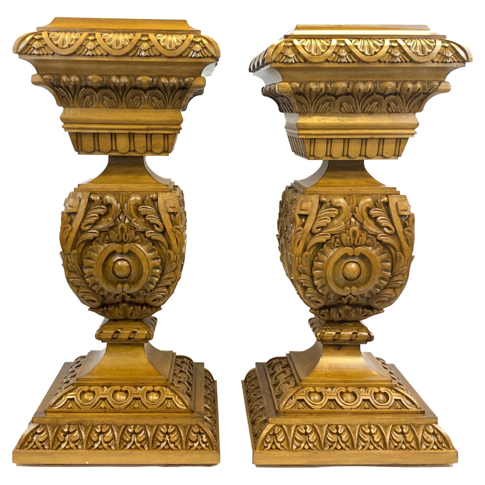 Pair of Heavily Carved Beech Wood Pedestals For Sale