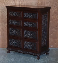 PAIR OF HEAVILY CARVED VINTAGE INDIAN HARDWOOD CHESTS OF DRAWERS PART SUiTE