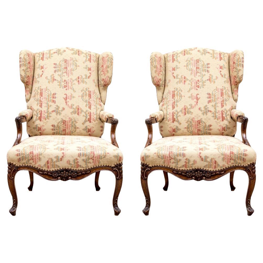 Pair Of Heavily Carved Walnut Upholstered Lounge Chairs - Pair #1