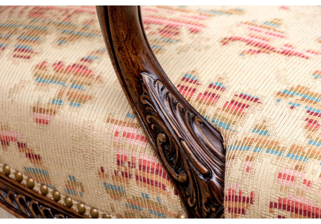Pair Of Heavily Carved Walnut Upholstered Lounge Chairs - Pair #2 For Sale 2
