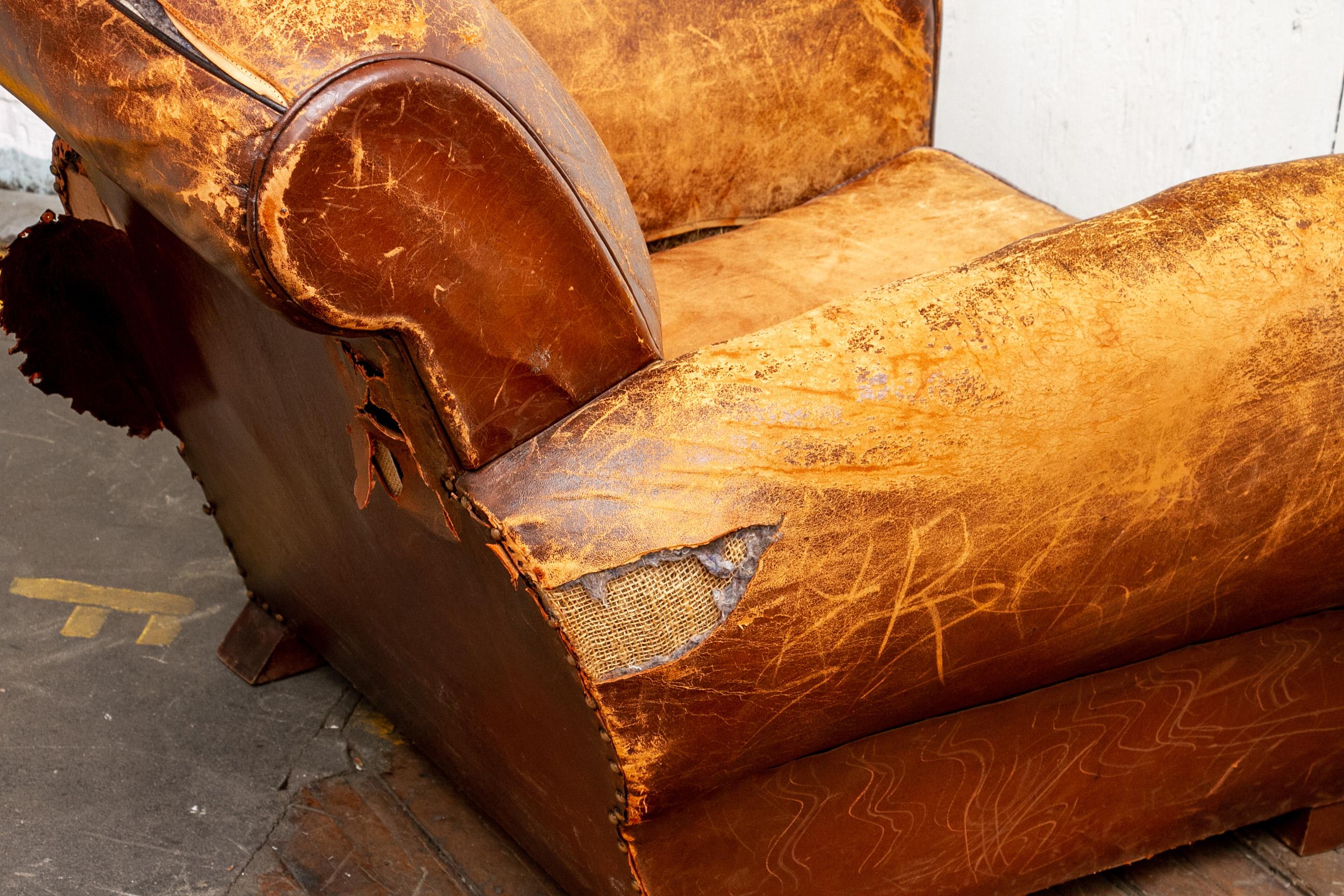 Pair of Heavily Distressed Art Deco Tobacco Leather Club Chairs 1