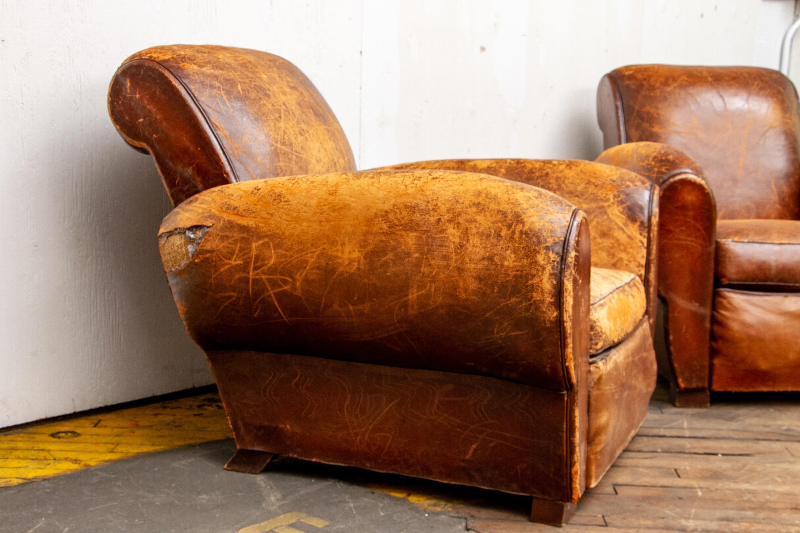 Pair of Heavily Distressed Art Deco Tobacco Leather Club Chairs 2