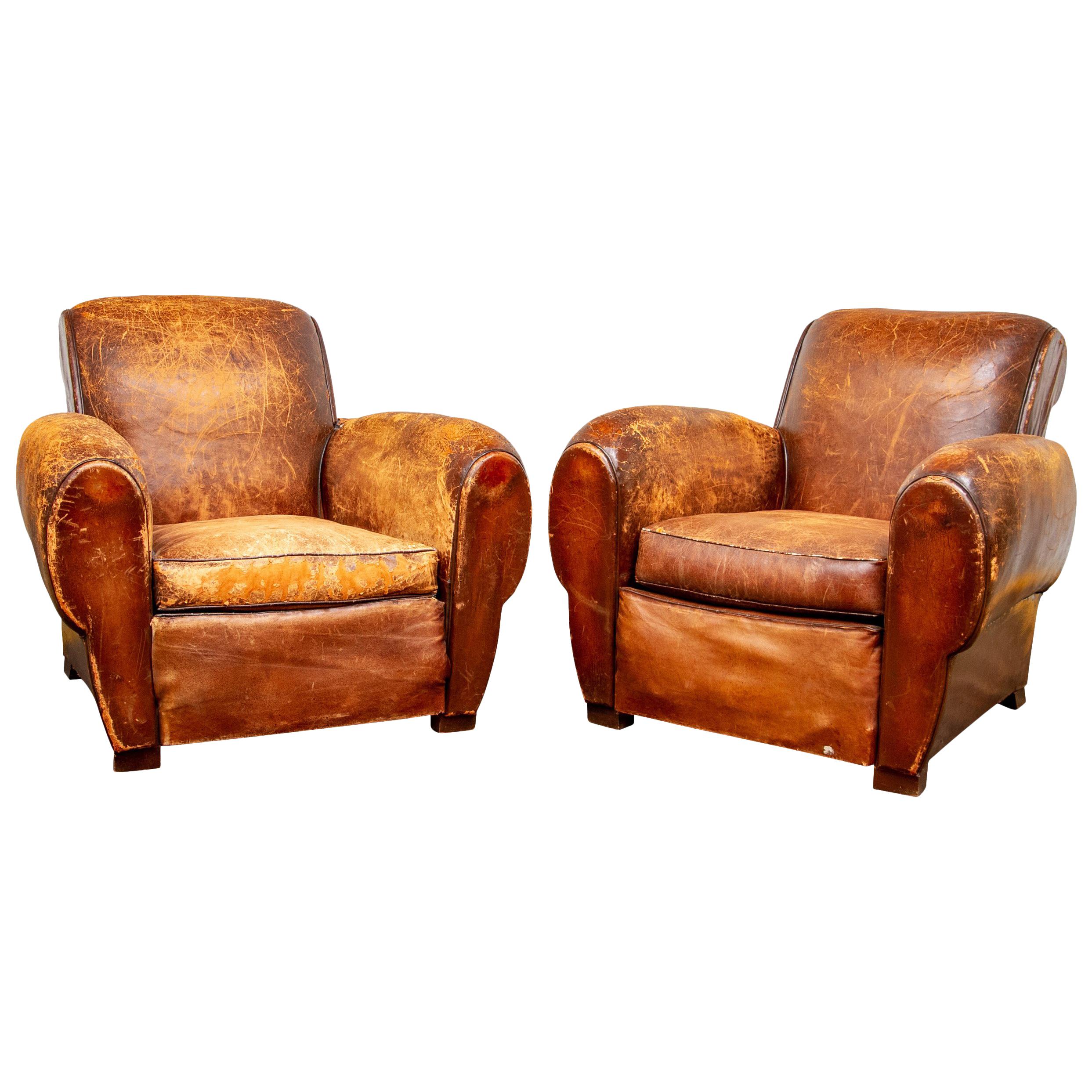 Pair of Heavily Distressed Art Deco Tobacco Leather Club Chairs