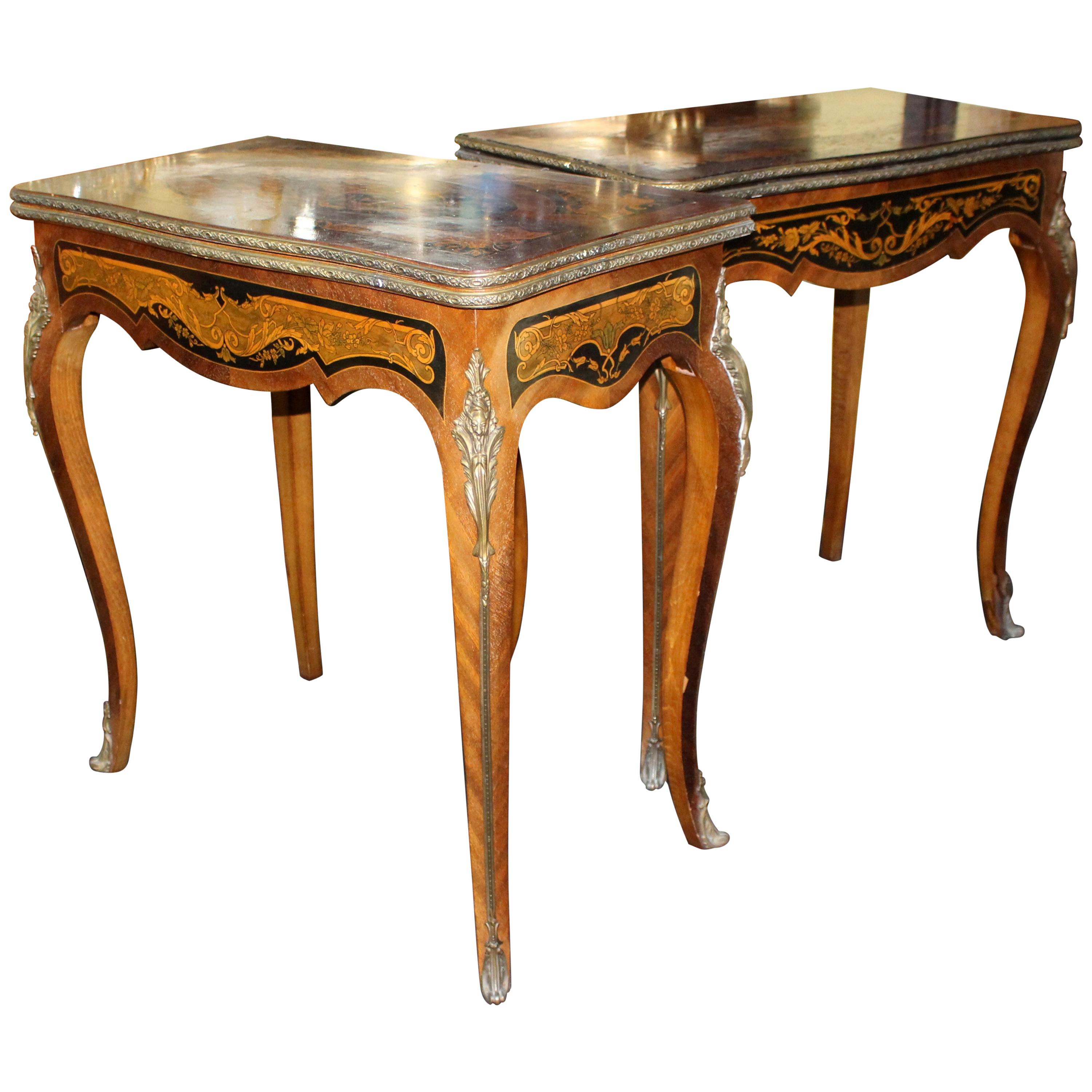 Pair of Heavily Inlaid Victorian Card Tables For Sale