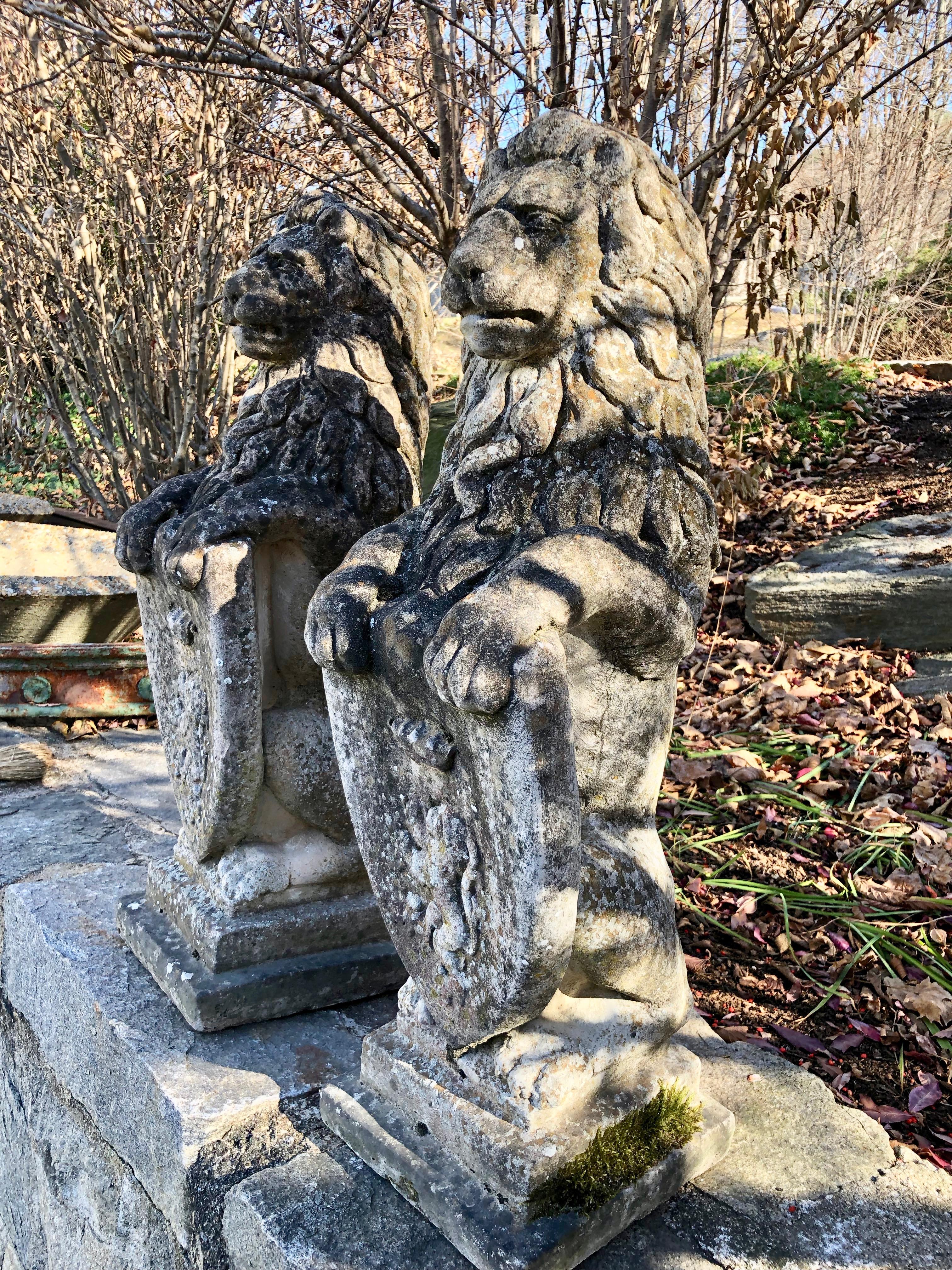 Medieval Pair of Heavily-Weathered and Lichened English Cast Stone Armorial Lions