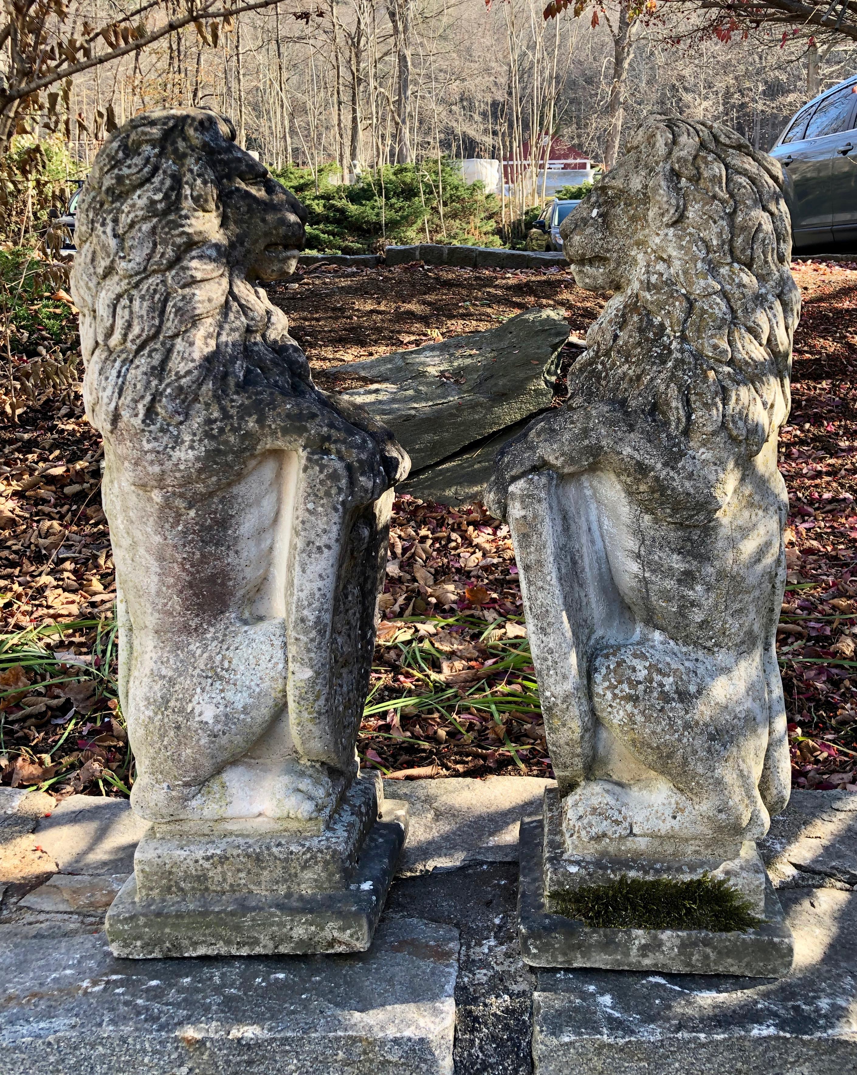 Pair of Heavily-Weathered and Lichened English Cast Stone Armorial Lions In Good Condition In Woodbury, CT