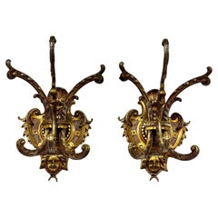 Antique Pair of Heavy 19th Century French Gilt Bronze Wall Coat Hooks