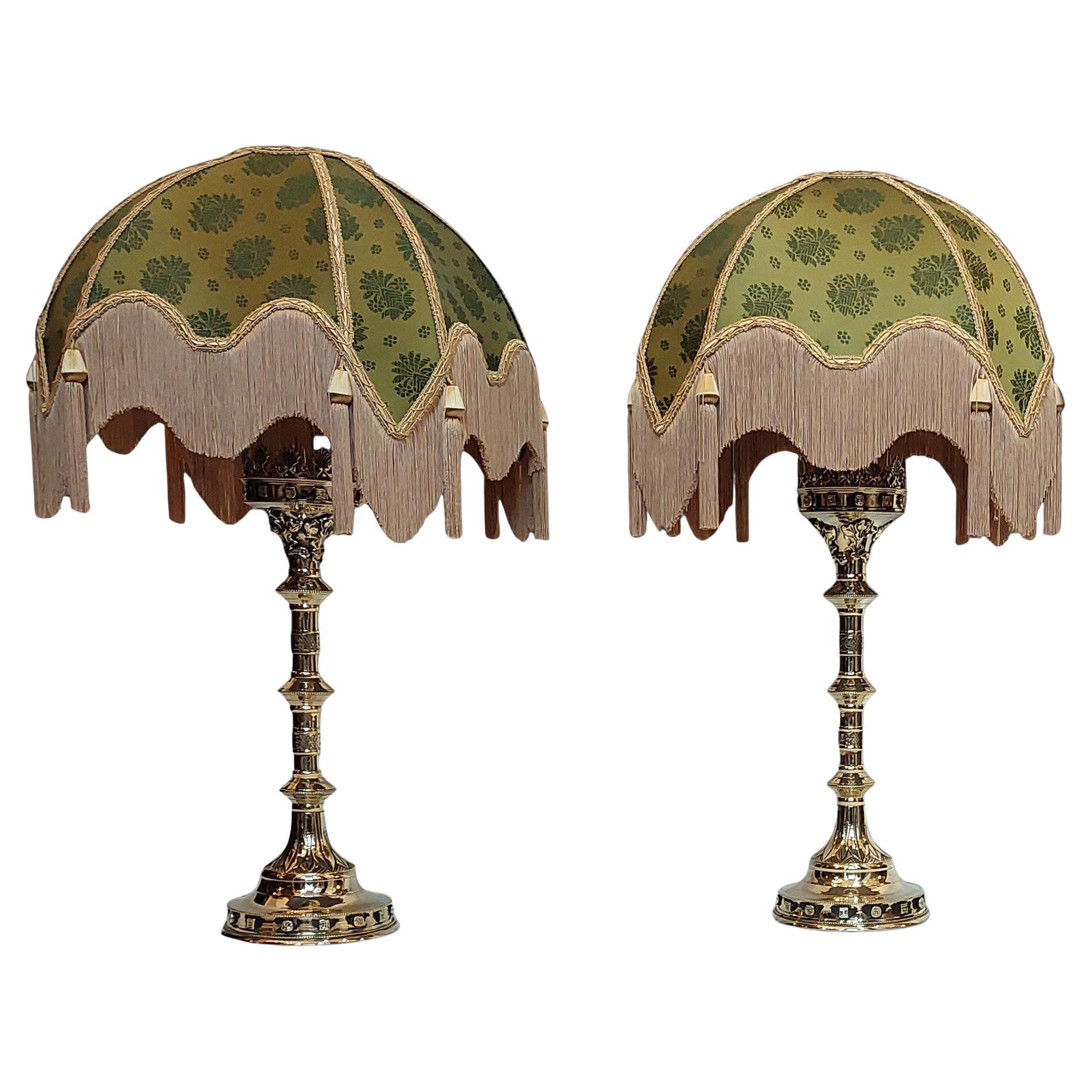 Pair of Heavy 19thC Gothic Revival Brass Altar Candlesticks For Sale