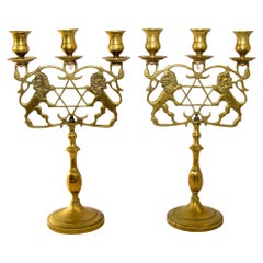 Pair of Heavy Brass Antique Judaica Candelabras with Lions and Star of David