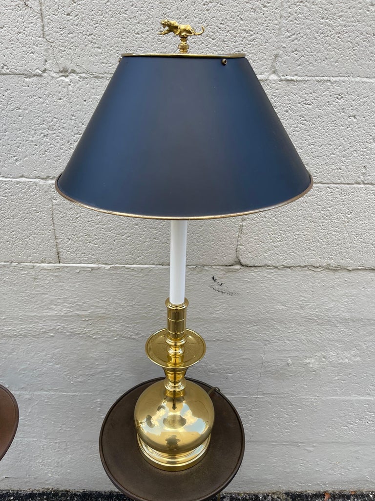 Pair of Heavy Brass Candlestick Lamps with Black Tole Shades For Sale