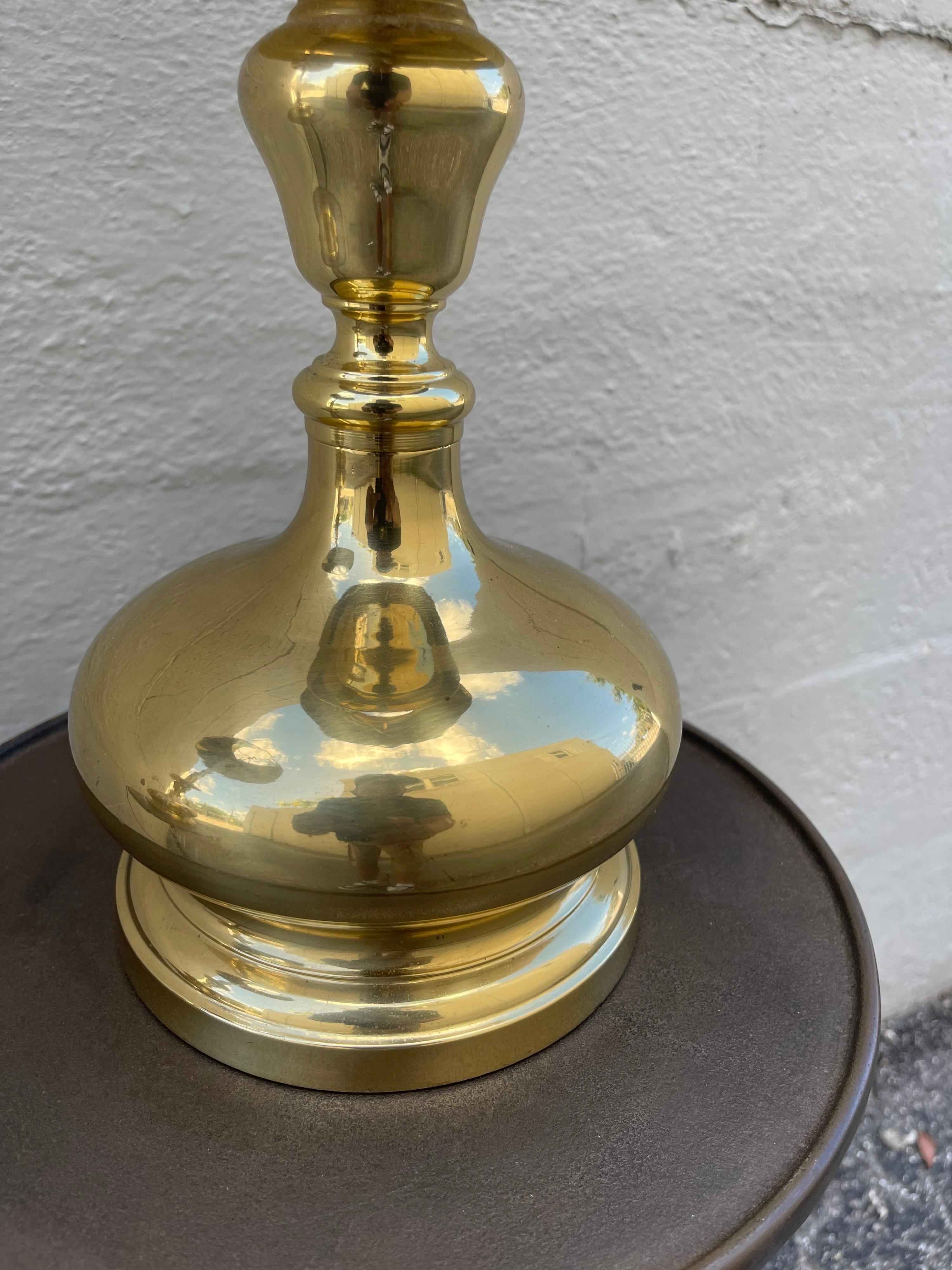 Pair of Heavy Brass Candlestick Lamps with Black Tole Shades In Good Condition For Sale In West Palm Beach, FL