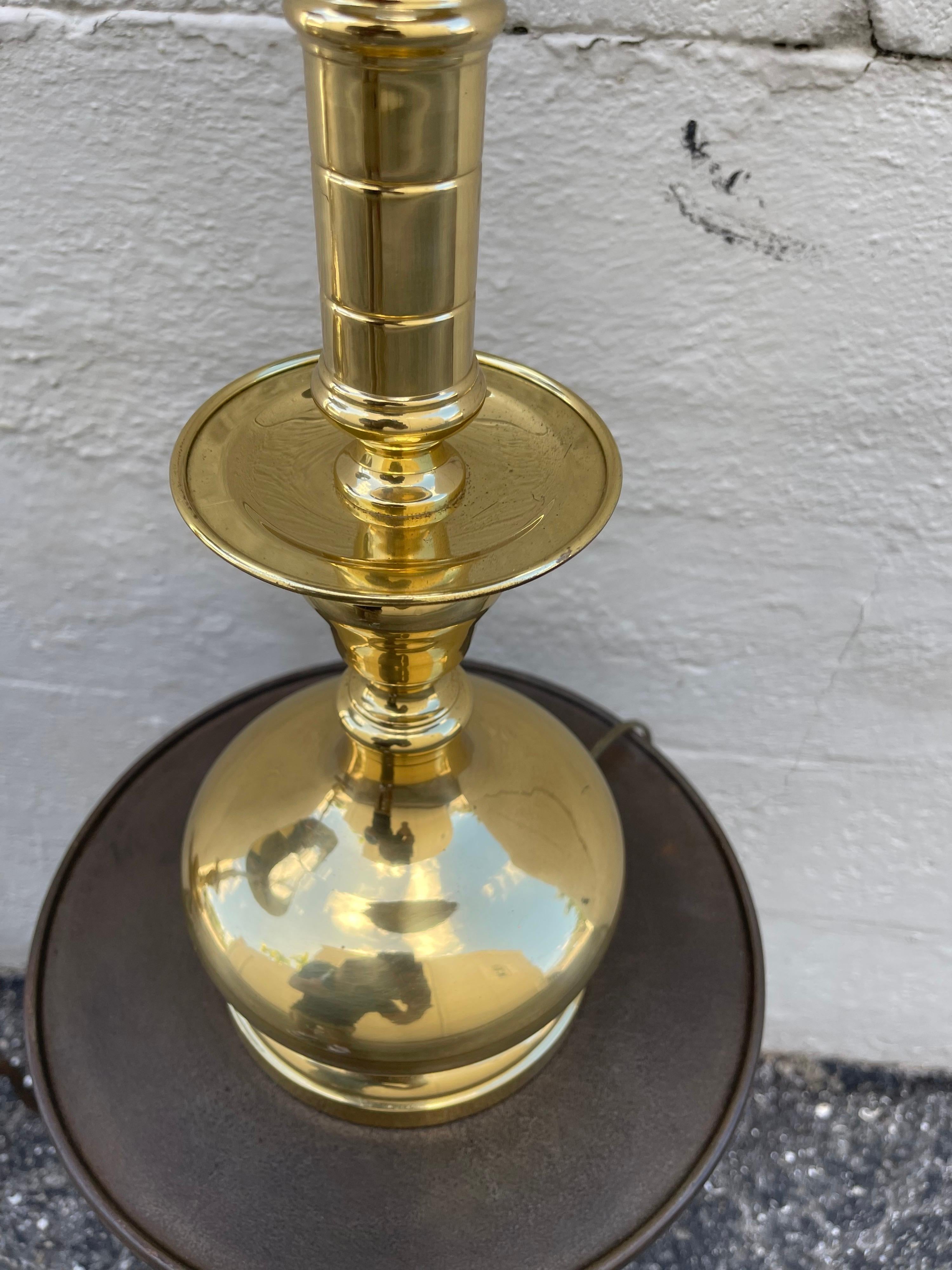20th Century Pair of Heavy Brass Candlestick Lamps with Black Tole Shades For Sale