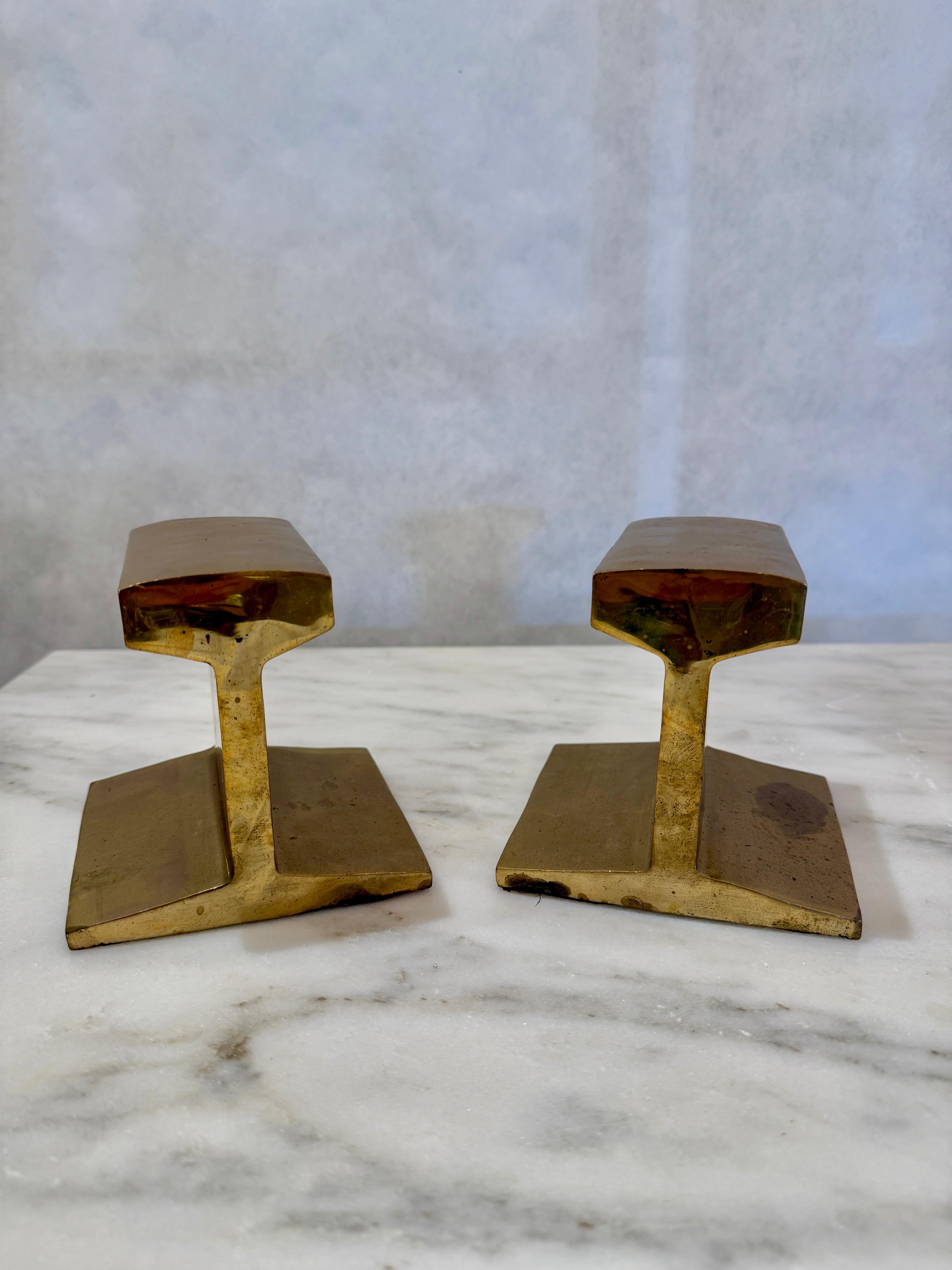 Pair of Heavy Brass I-Beam Bookends In Good Condition In North Miami, FL