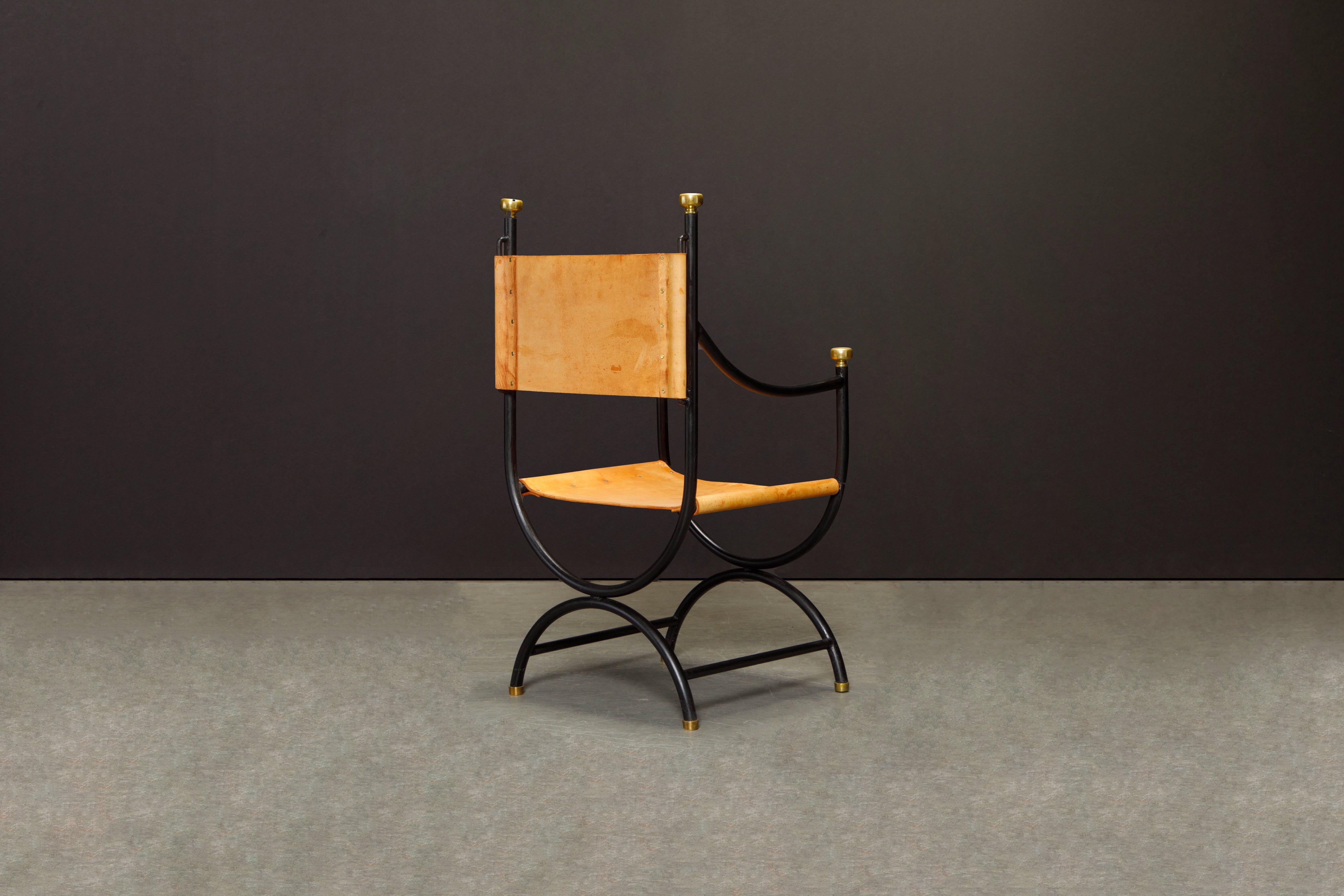 Pair of Heavy Brass, Iron and Thick Leather Savonarola Directors Chairs 3