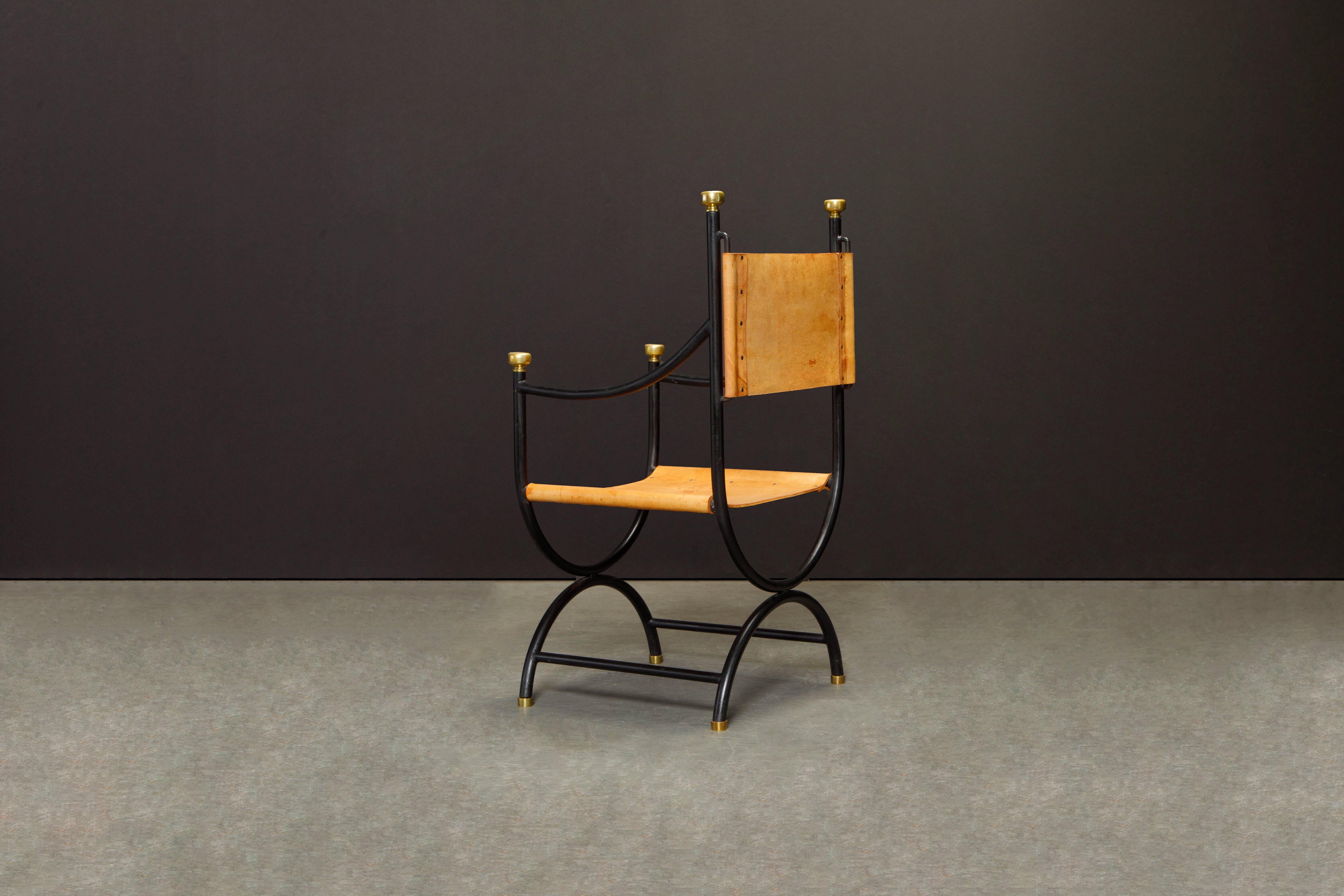Pair of Heavy Brass, Iron and Thick Leather Savonarola Directors Chairs 5
