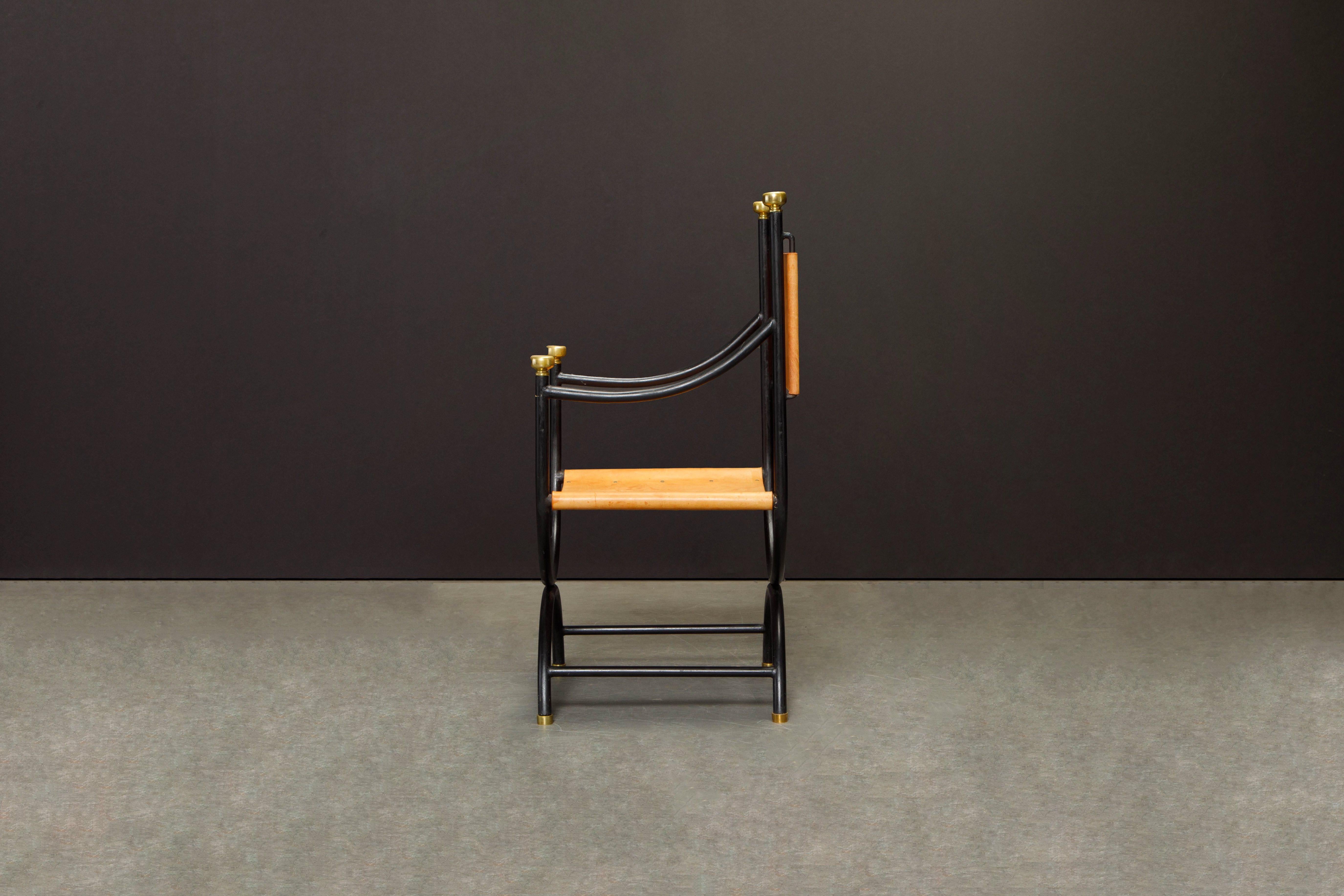 Pair of Heavy Brass, Iron and Thick Leather Savonarola Directors Chairs 6