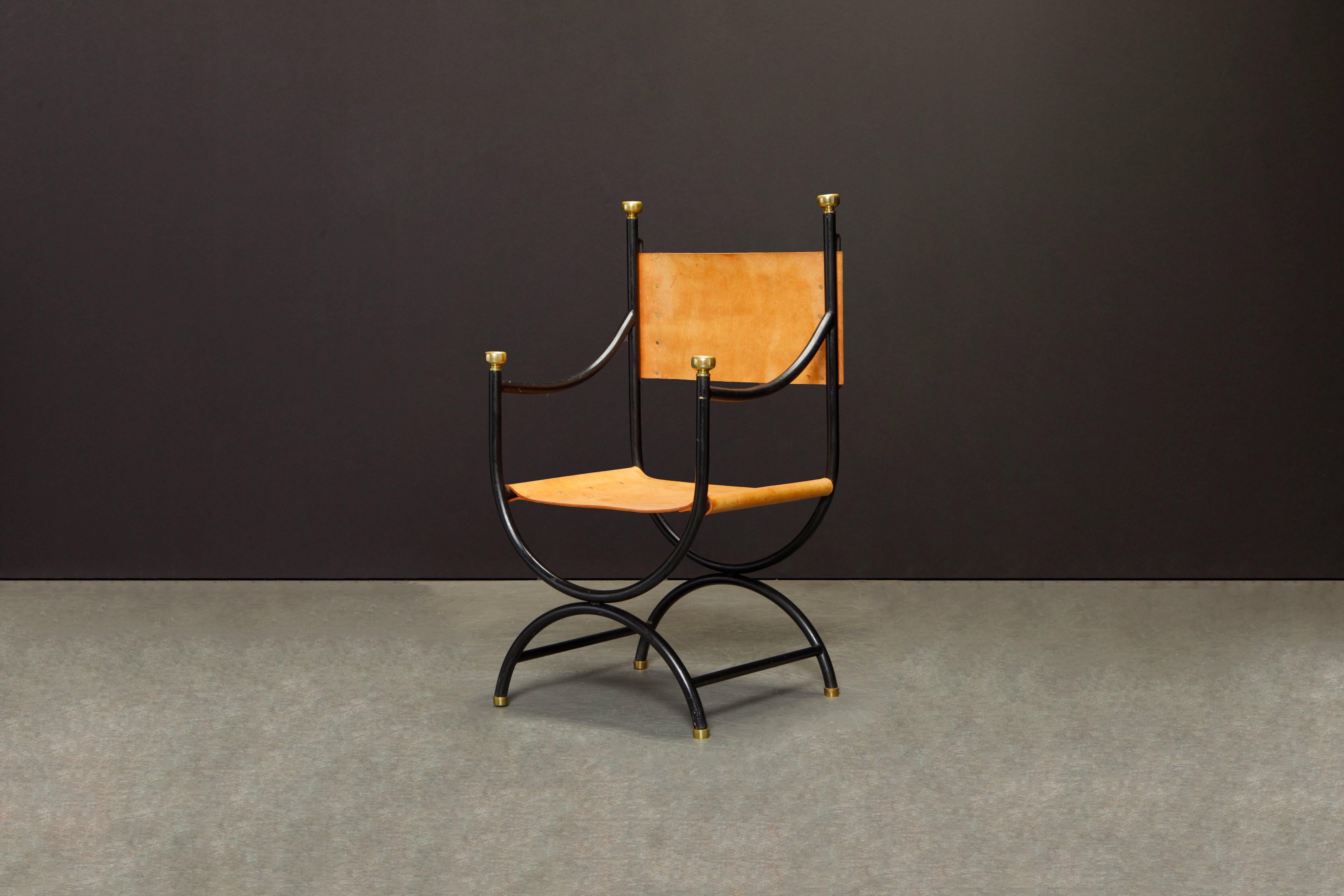 Pair of Heavy Brass, Iron and Thick Leather Savonarola Directors Chairs 7