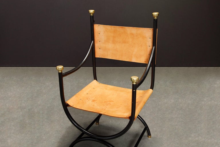 Pair of Heavy Brass, Iron and Thick Leather Savonarola Directors Chairs For Sale 9