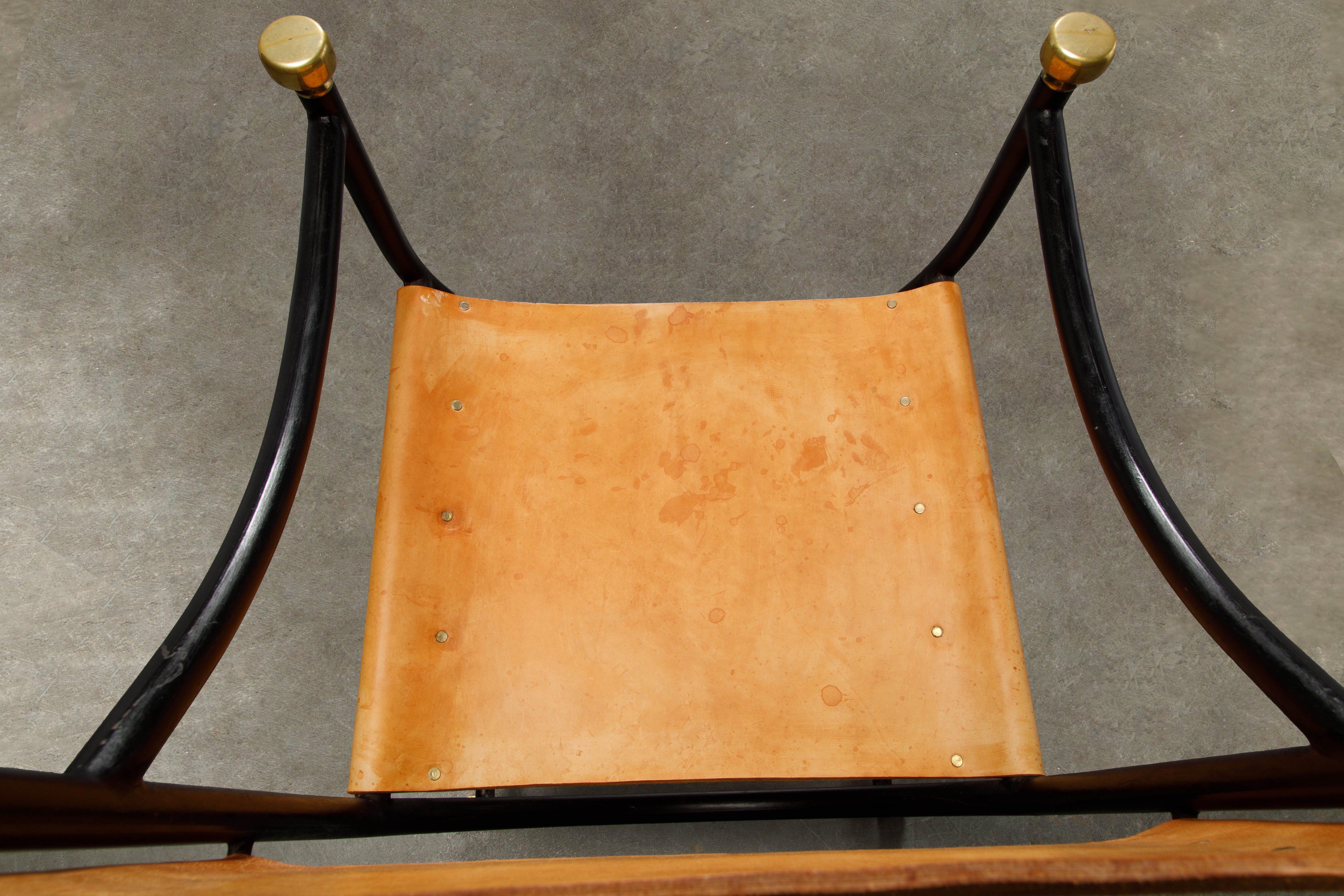 Pair of Heavy Brass, Iron and Thick Leather Savonarola Directors Chairs 10