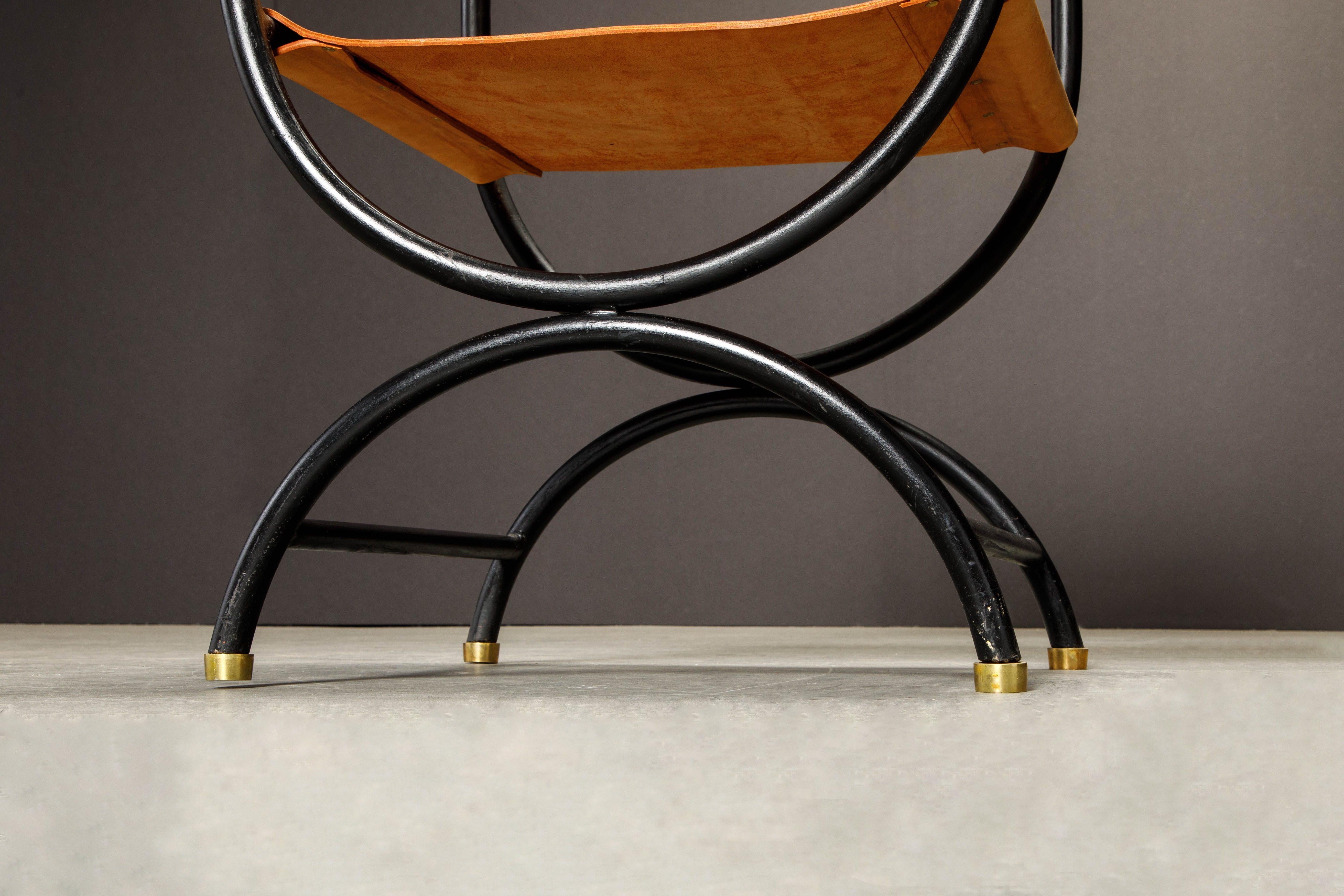 Pair of Heavy Brass, Iron and Thick Leather Savonarola Directors Chairs 13