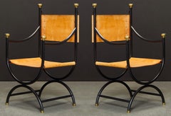 Pair of Heavy Brass, Iron and Thick Leather Savonarola Directors Chairs