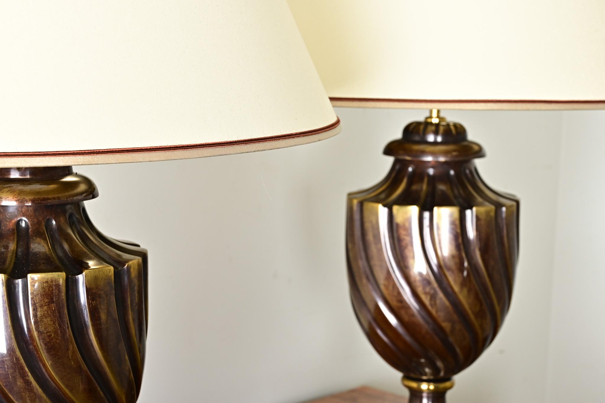 Pair of Heavy Brass Urn Table Lamps For Sale 3