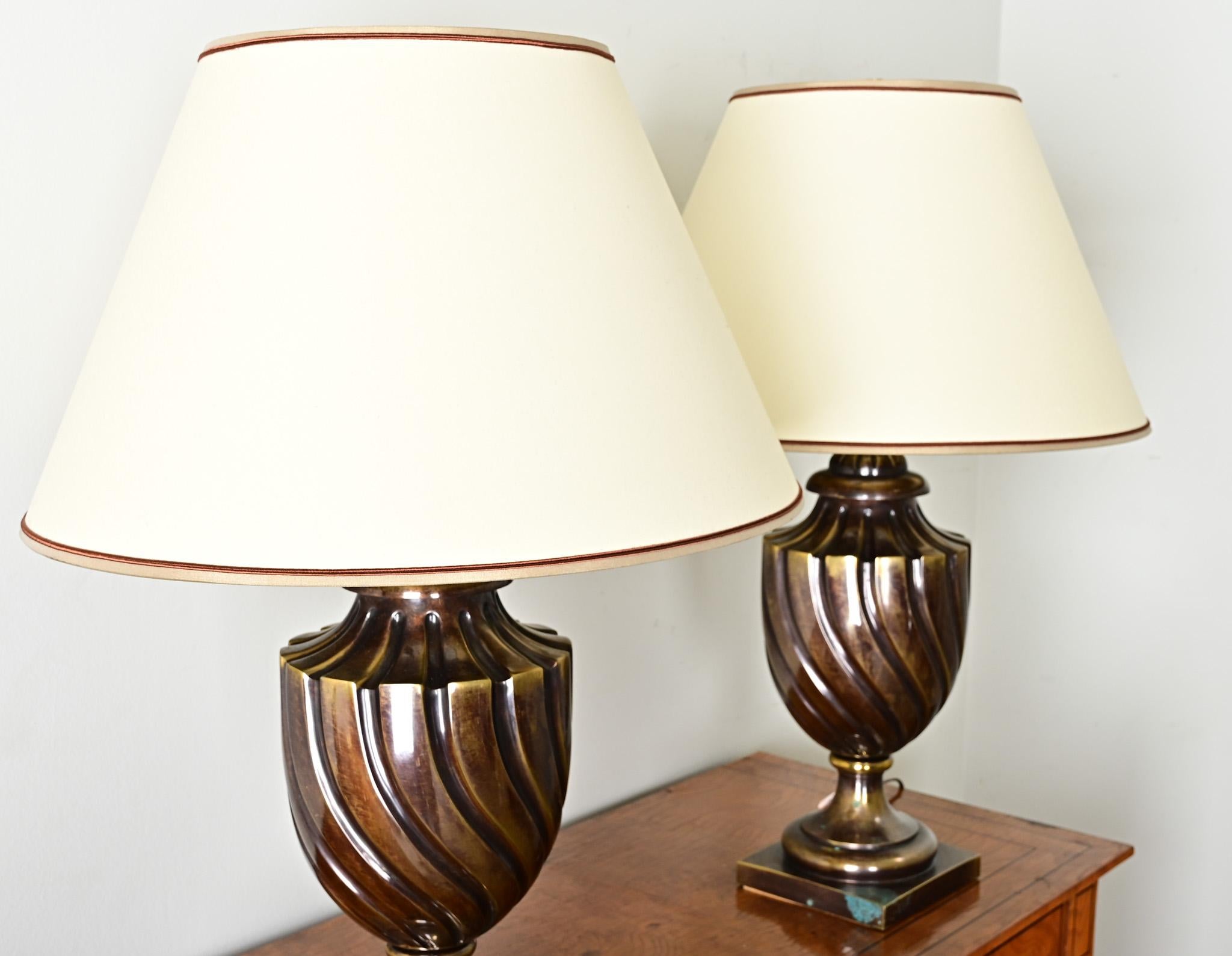 Pair of Heavy Brass Urn Table Lamps For Sale 5