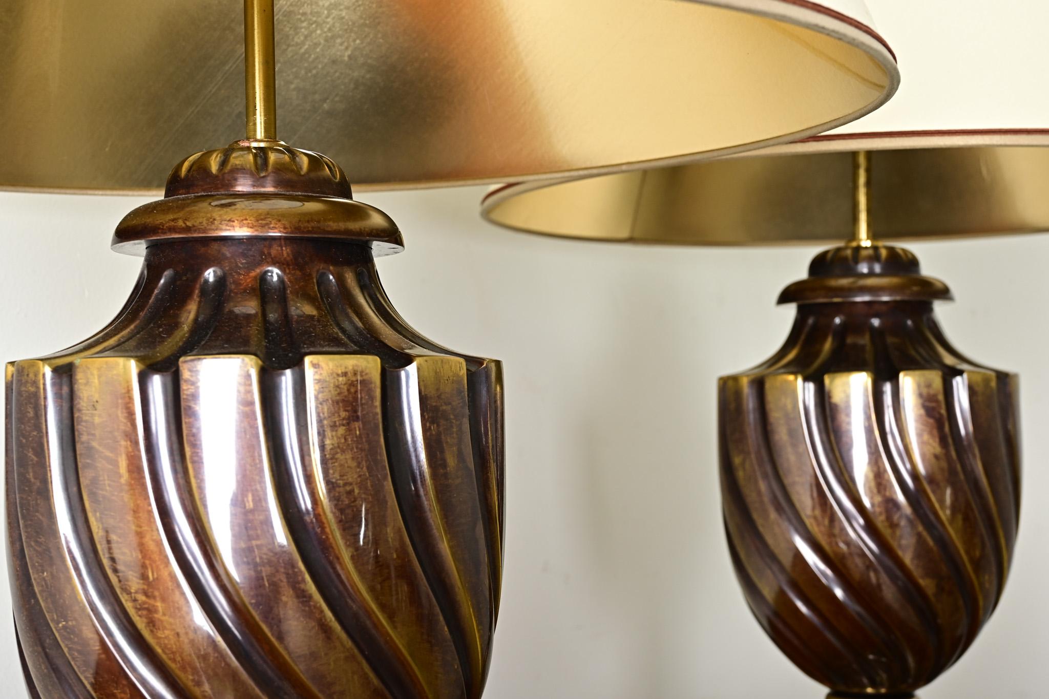 Pair of Heavy Brass Urn Table Lamps For Sale 6