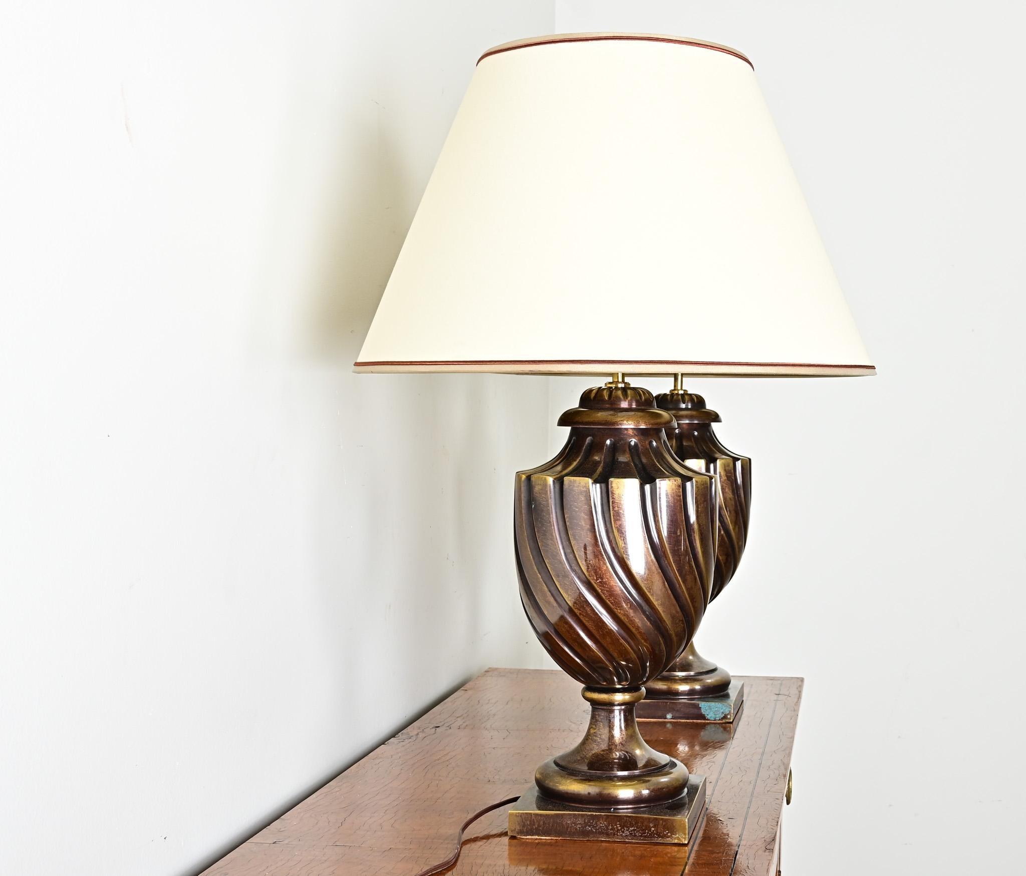 Pair of Heavy Brass Urn Table Lamps For Sale 7