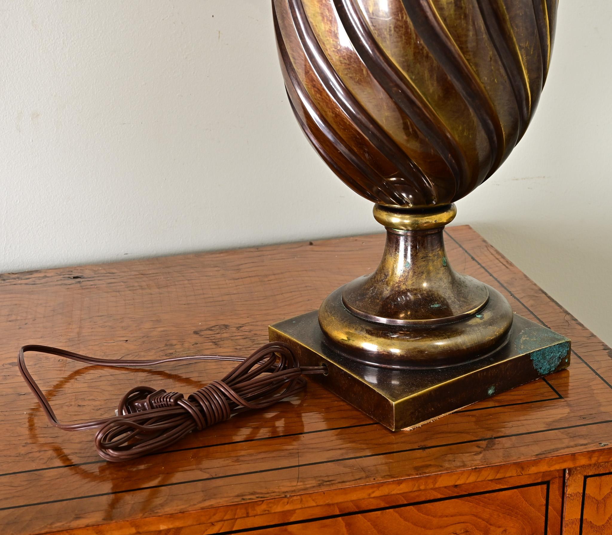 Pair of Heavy Brass Urn Table Lamps For Sale 8