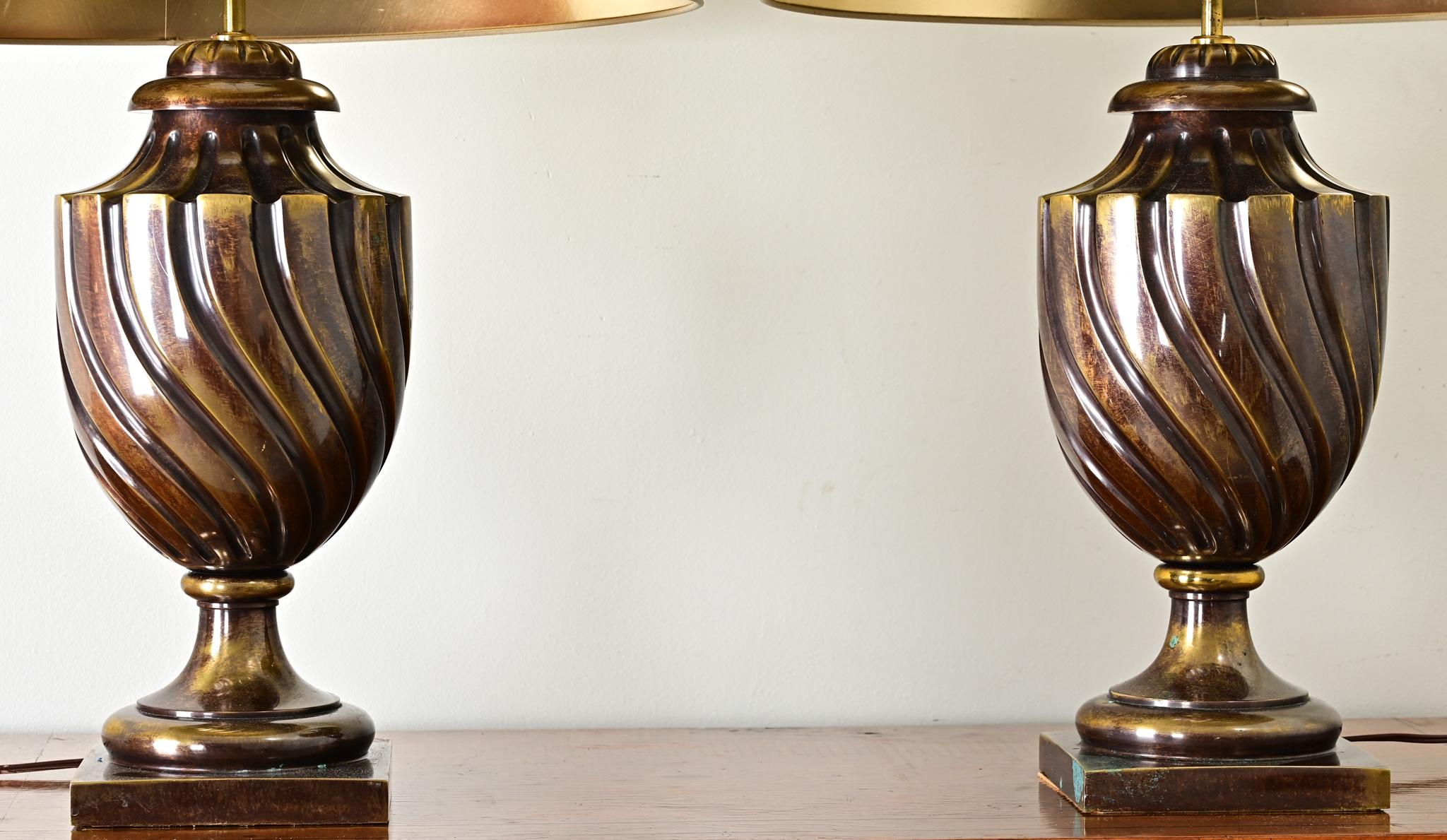 Neoclassical Pair of Heavy Brass Urn Table Lamps For Sale