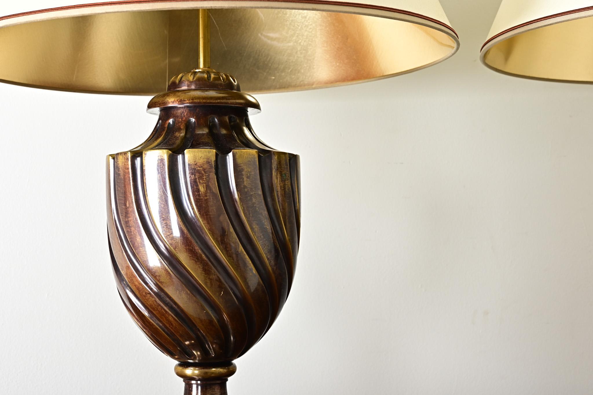 Cast Pair of Heavy Brass Urn Table Lamps For Sale