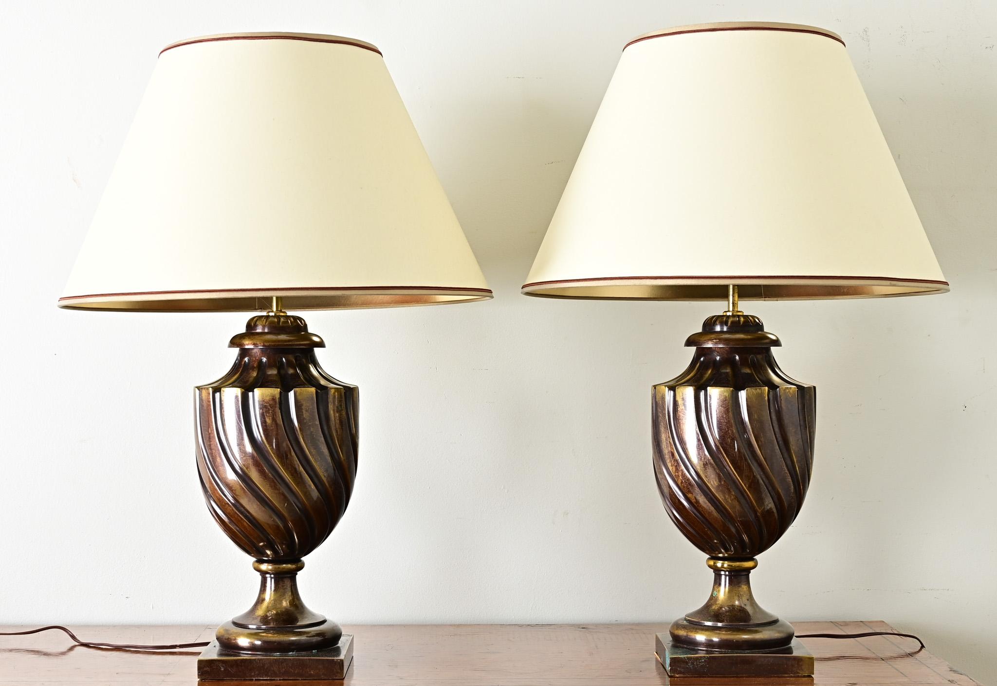 20th Century Pair of Heavy Brass Urn Table Lamps For Sale