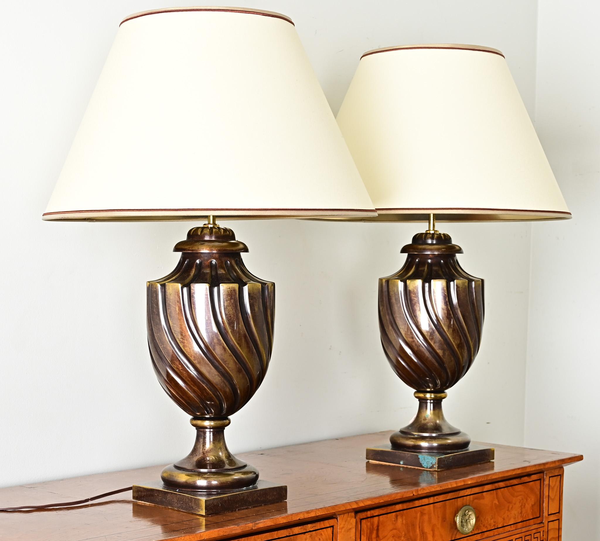 Pair of Heavy Brass Urn Table Lamps For Sale 1