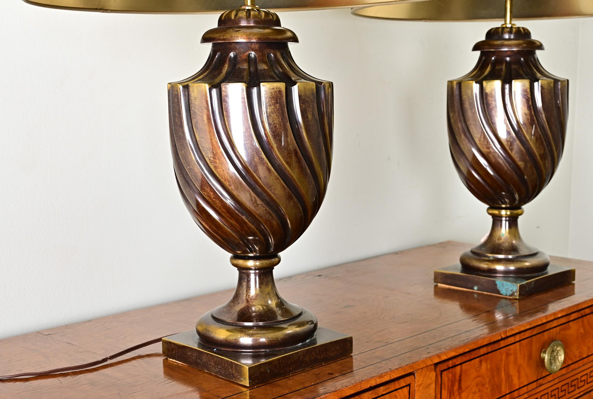 Pair of Heavy Brass Urn Table Lamps For Sale 2