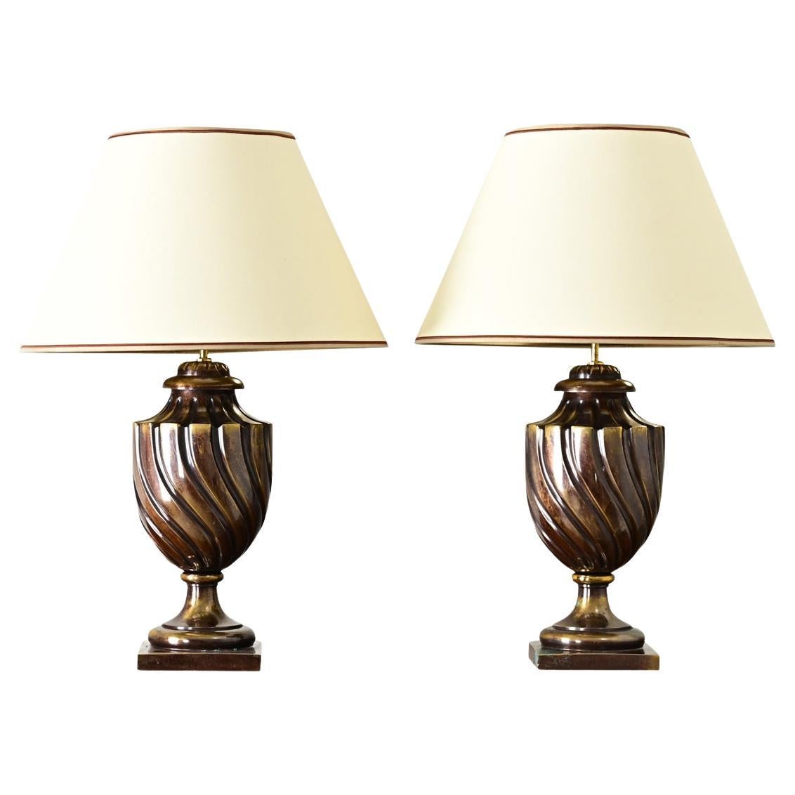 Pair of Heavy Brass Urn Table Lamps