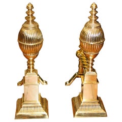 Pair of Heavy Cast Brass Federal Style Reeded "Lemon Top" Fire Dogs or Andirons
