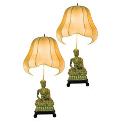 Paire de lampes Bouddha en bronze lourd moulé dans le style de James Mont