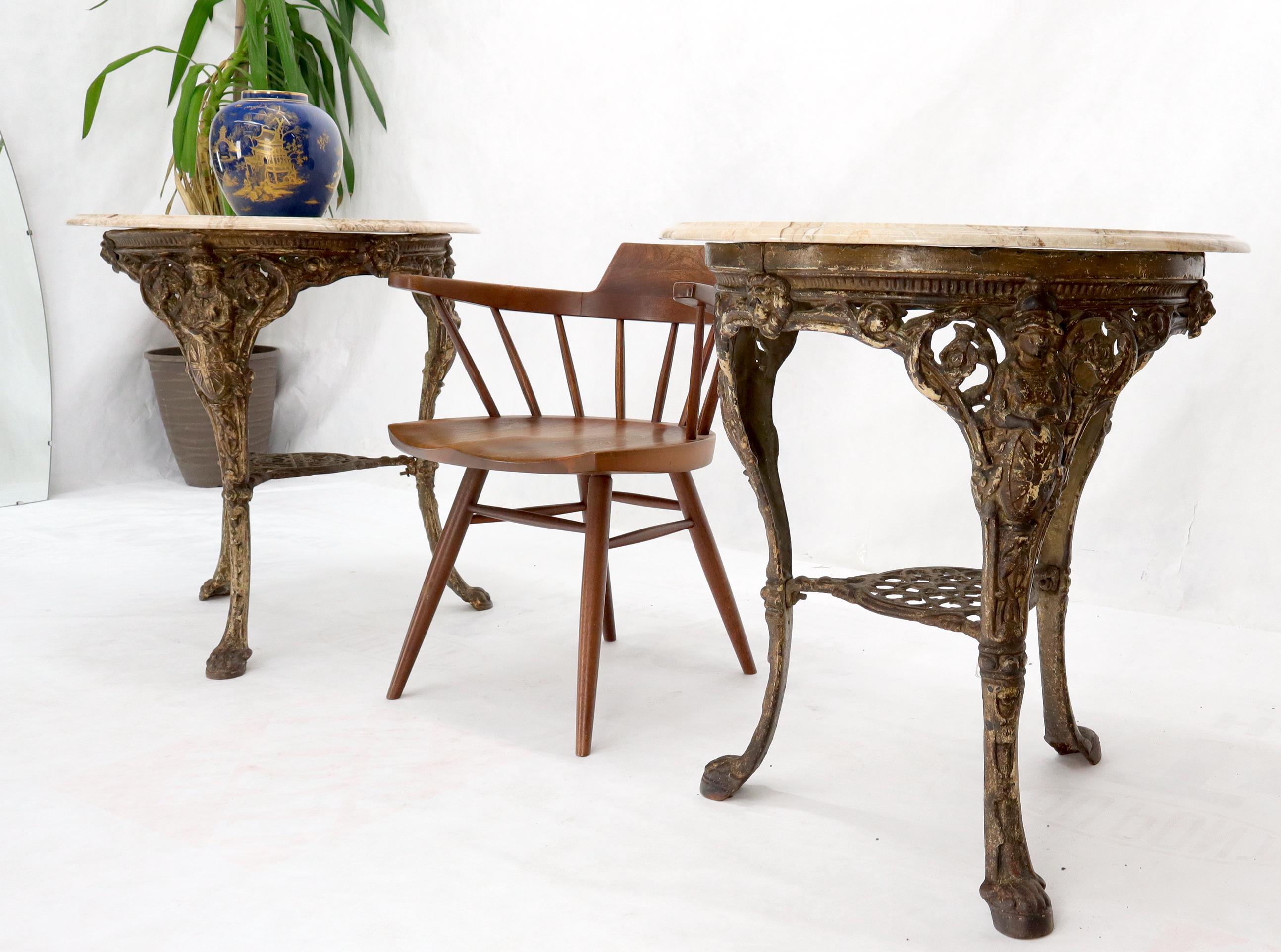 Pair of Heavy Cast Iron Bases Marble Tops Cafe Center Guéridon Tables In Good Condition For Sale In Rockaway, NJ