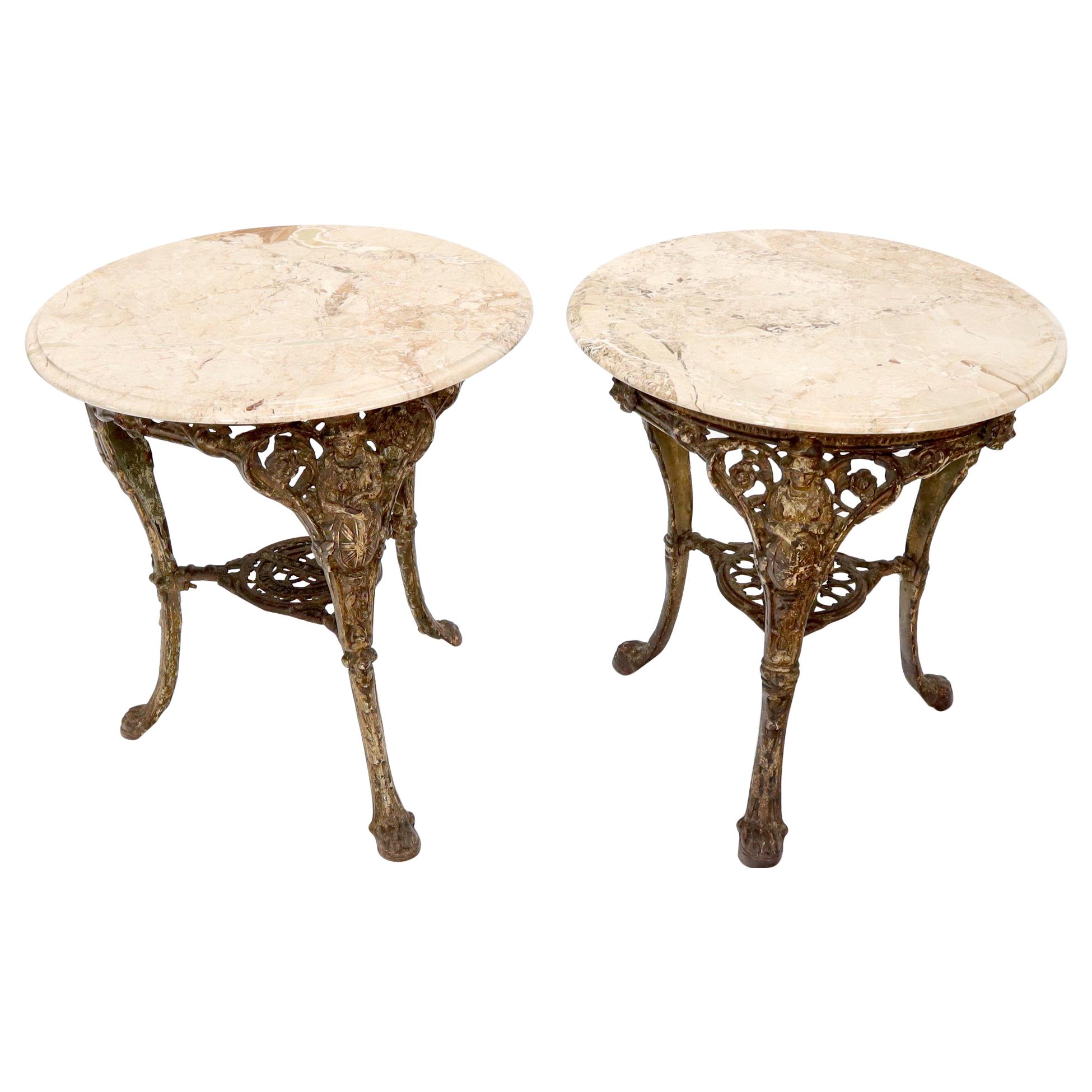 Pair of Heavy Cast Iron Bases Marble Tops Cafe Center Guéridon Tables For Sale