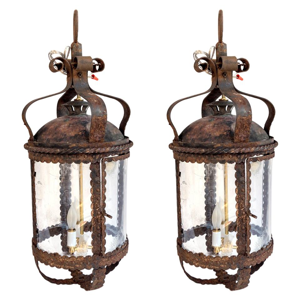 Pair of Heavy Cast Iron Round Hanging Lanterns, Sold Separately