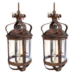 Pair of Heavy Cast Iron Round Hanging Lanterns, Sold Separately