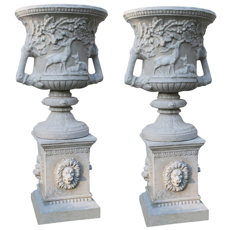 Pair of Heavy Classical Style Garden Urns For Sale at 1stdibs