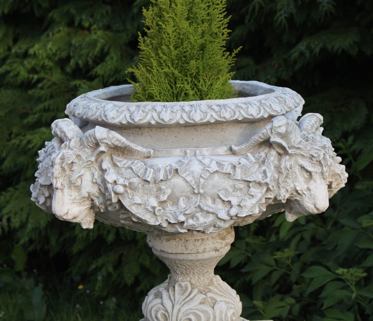 Pair of Heavy Composite Stone Ram's Head Garden Urns on Pedestals For